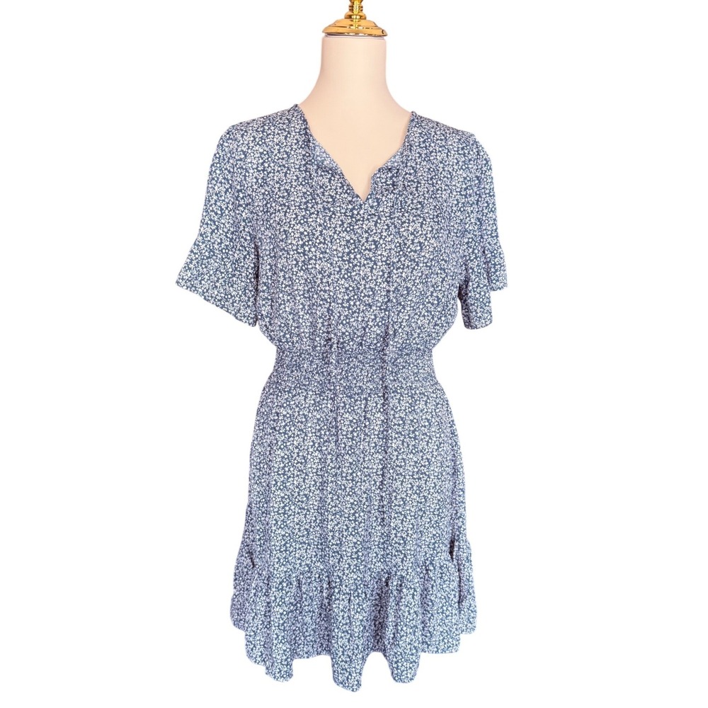 Prettygarden Womens Blue Ditsy Floral Smocked Waist Ruffle Mini‎ Dress Size M